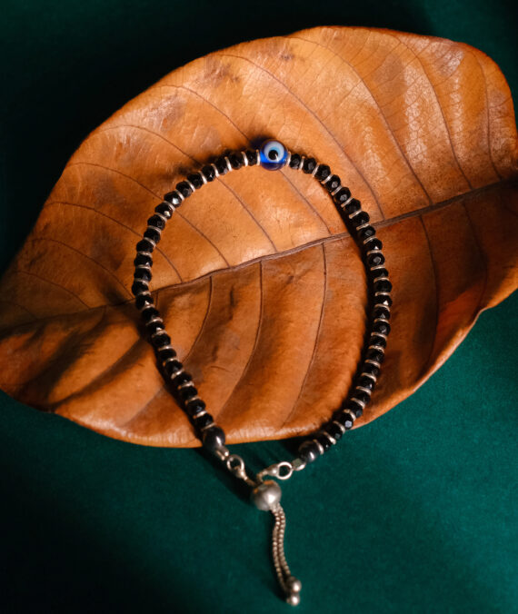 Evil Eye Protection Bracelet, Sterling Silver 92.5, Black Beads, Adjustable Thread Clasp