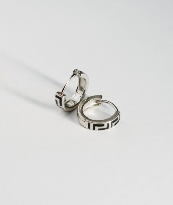 925 Sterling Silver Greek Key Pattern Hoop Earrings for Men | Unisex Bali