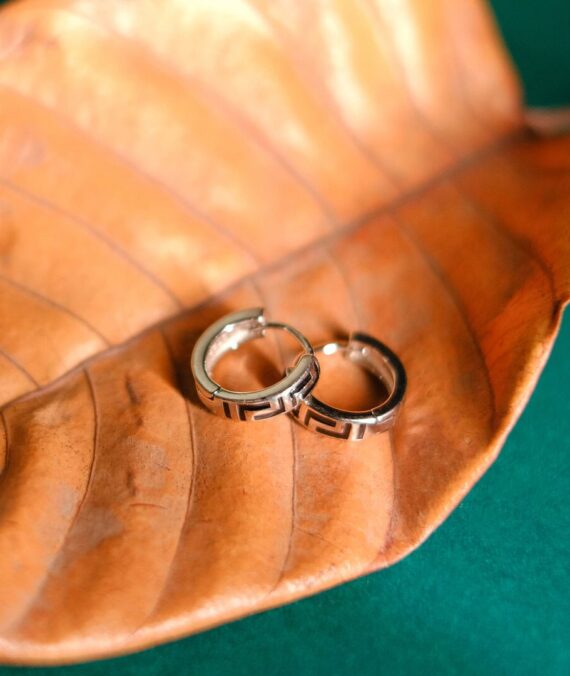 925 Sterling Silver Greek Key Pattern Hoop Earrings for Men | Unisex Bali