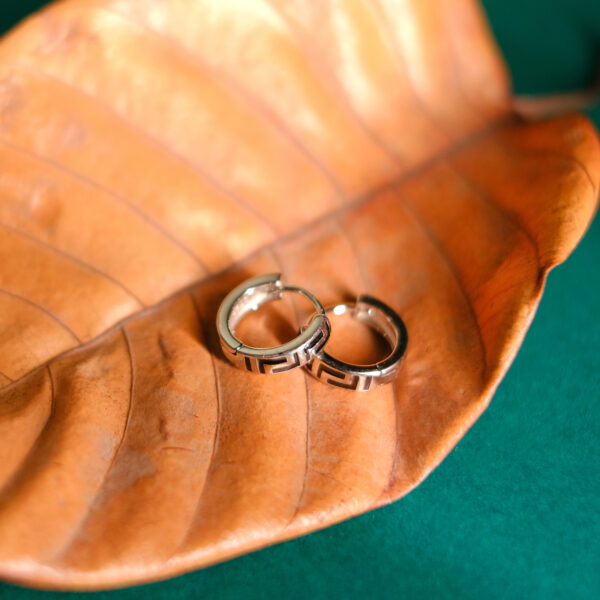925 Sterling Silver Greek Key Pattern Hoop Earrings for Men | Unisex Bali - Image 2
