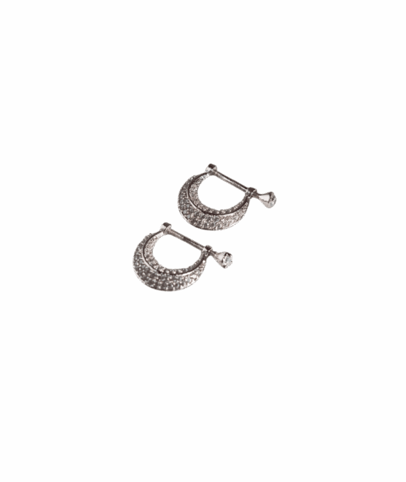 925 Sterling Silver Bali Hoop Earrings, 925 Silver, White Stone Embellished, Traditional Design